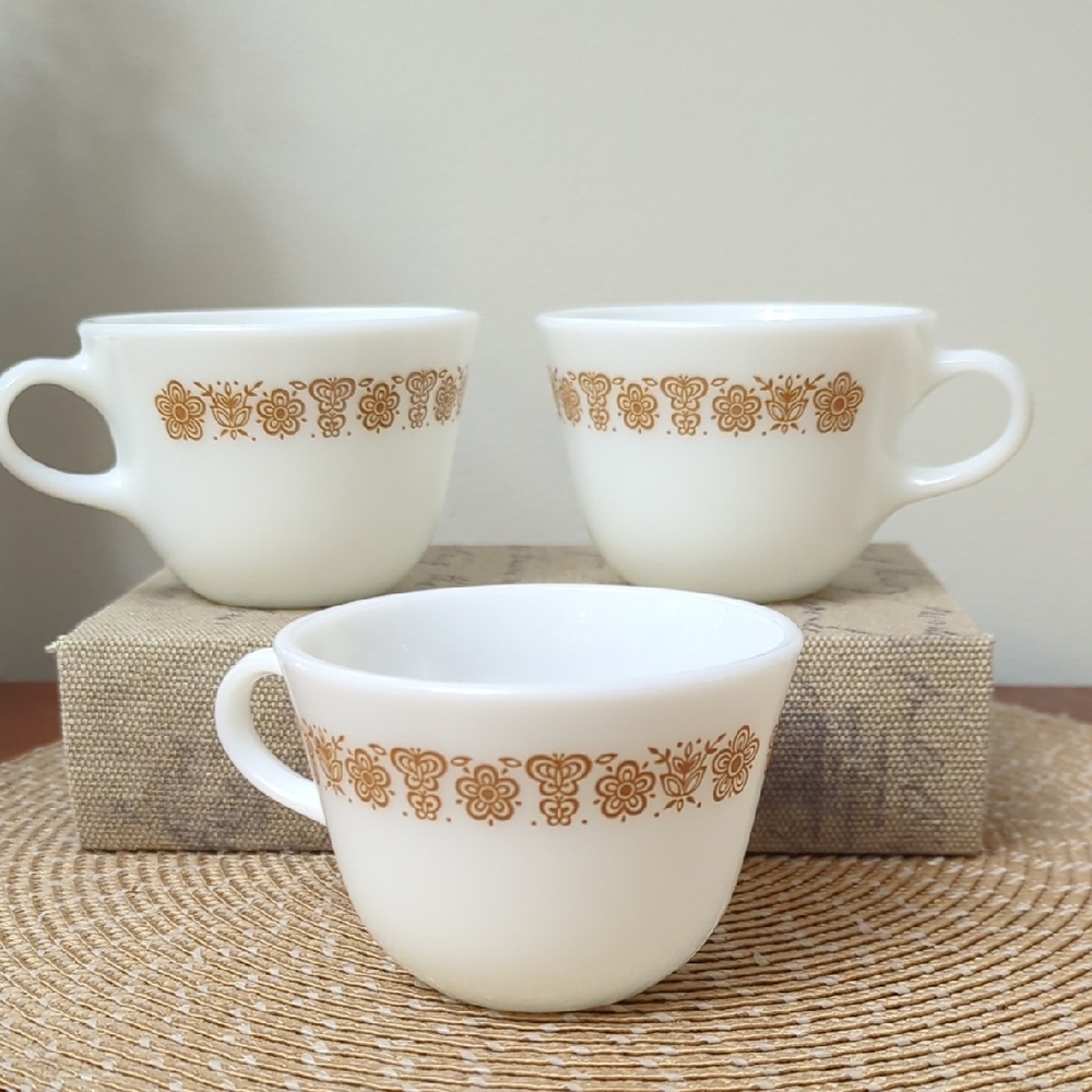 Pyrex Vintage Milk Glass Butterfly Pattern Cups/ Mugs
